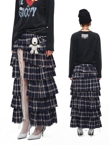 Irregular Deconstructed Multi-Layer Patchwork Plaid Slit Midi A-Line Long Cake Skirt【s0000017825】