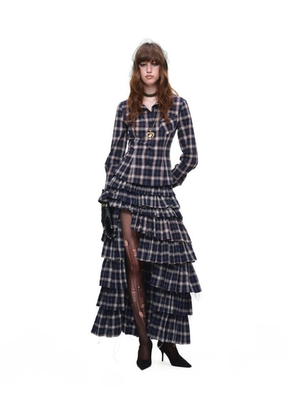 Irregular Deconstructed Multi-Layer Patchwork Plaid Slit Midi A-Line Long Cake Skirt【s0000017825】