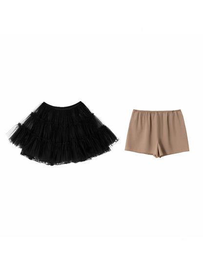 Lace Mesh Cake Multi-Layer Pleated Mid-Low Waist Short Skirt Two-Piece Set【s0000017826】