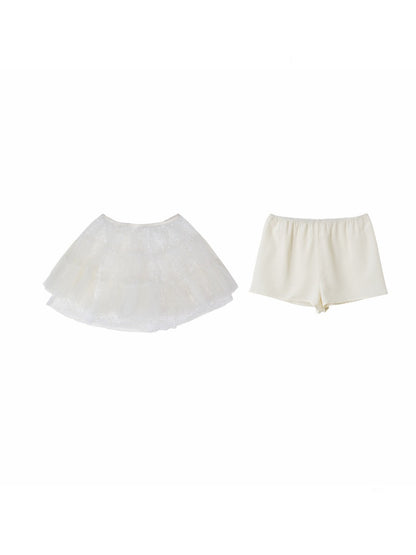 Lace Mesh Cake Multi-Layer Pleated Mid-Low Waist Short Skirt Two-Piece Set【s0000017826】