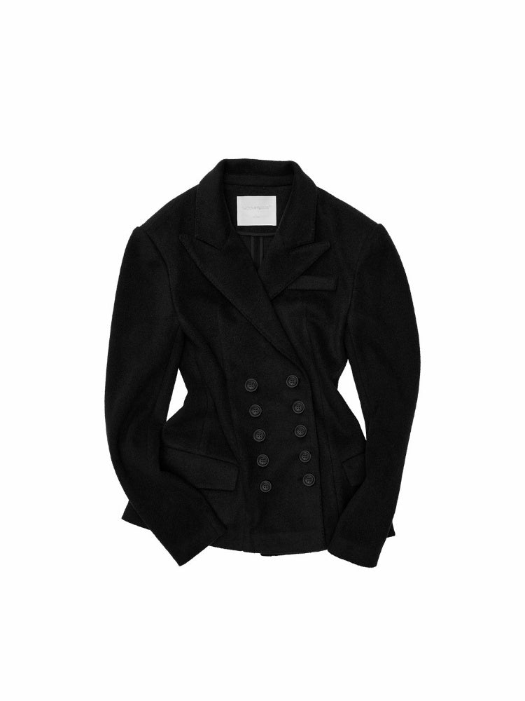 Vintage Double-Breasted Waist-Cinching Wool Blazer Mid-Length Black Hourglass Suit【s0000017827】