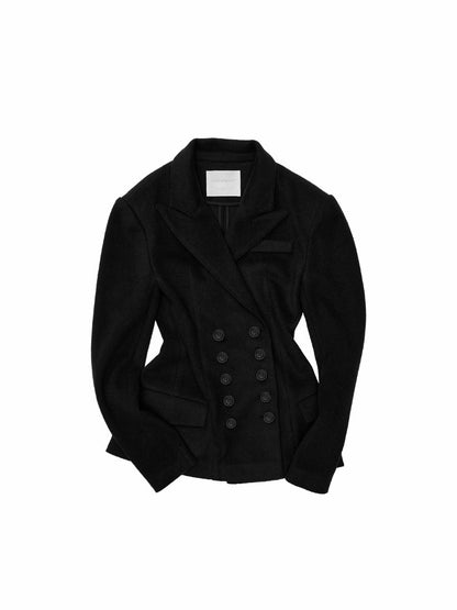 Vintage Double-Breasted Waist-Cinching Wool Blazer Mid-Length Black Hourglass Suit【s0000017827】