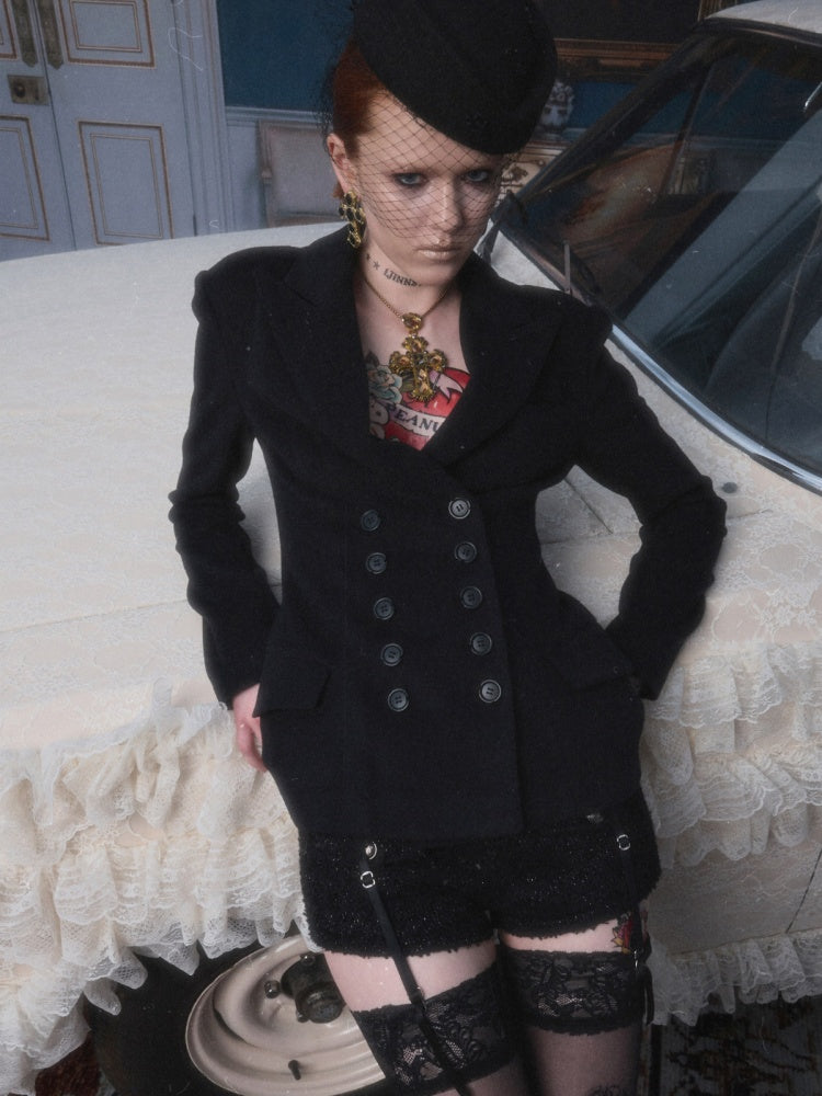 Vintage Double-Breasted Waist-Cinching Wool Blazer Mid-Length Black Hourglass Suit【s0000017827】