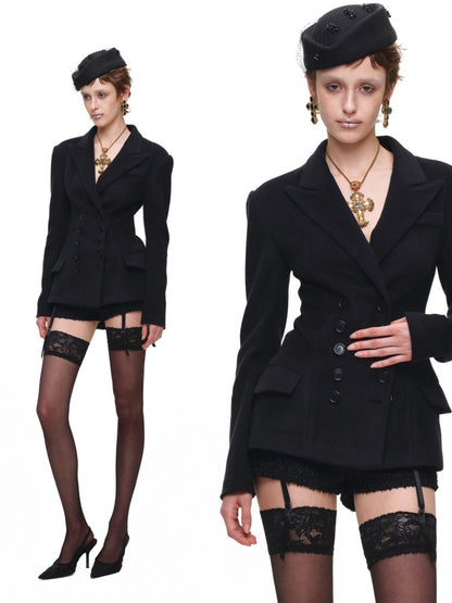 Vintage Double-Breasted Waist-Cinching Wool Blazer Mid-Length Black Hourglass Suit【s0000017827】