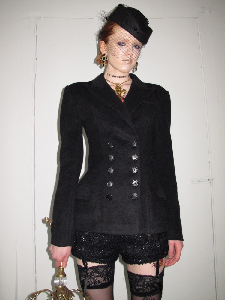Vintage Double-Breasted Waist-Cinching Wool Blazer Mid-Length Black Hourglass Suit【s0000017827】