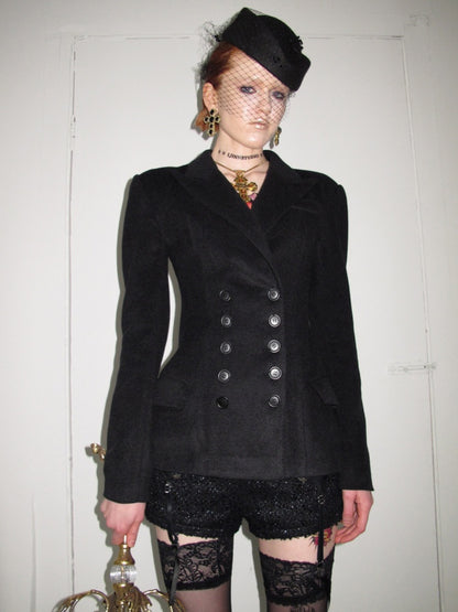 Vintage Double-Breasted Waist-Cinching Wool Blazer Mid-Length Black Hourglass Suit【s0000017827】