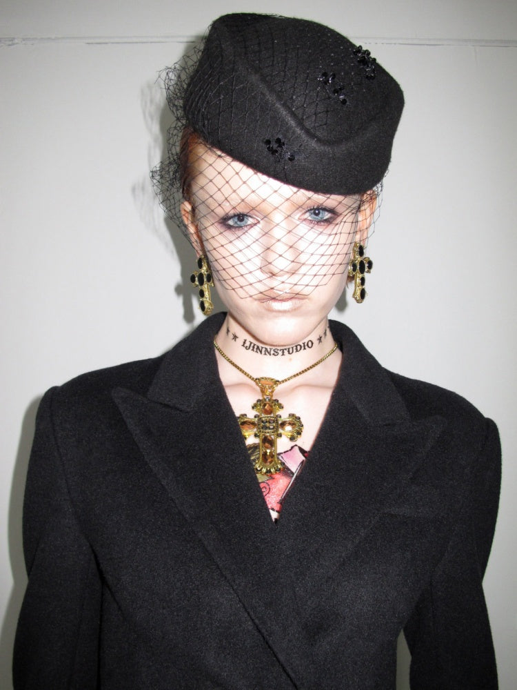 Vintage Double-Breasted Waist-Cinching Wool Blazer Mid-Length Black Hourglass Suit【s0000017827】