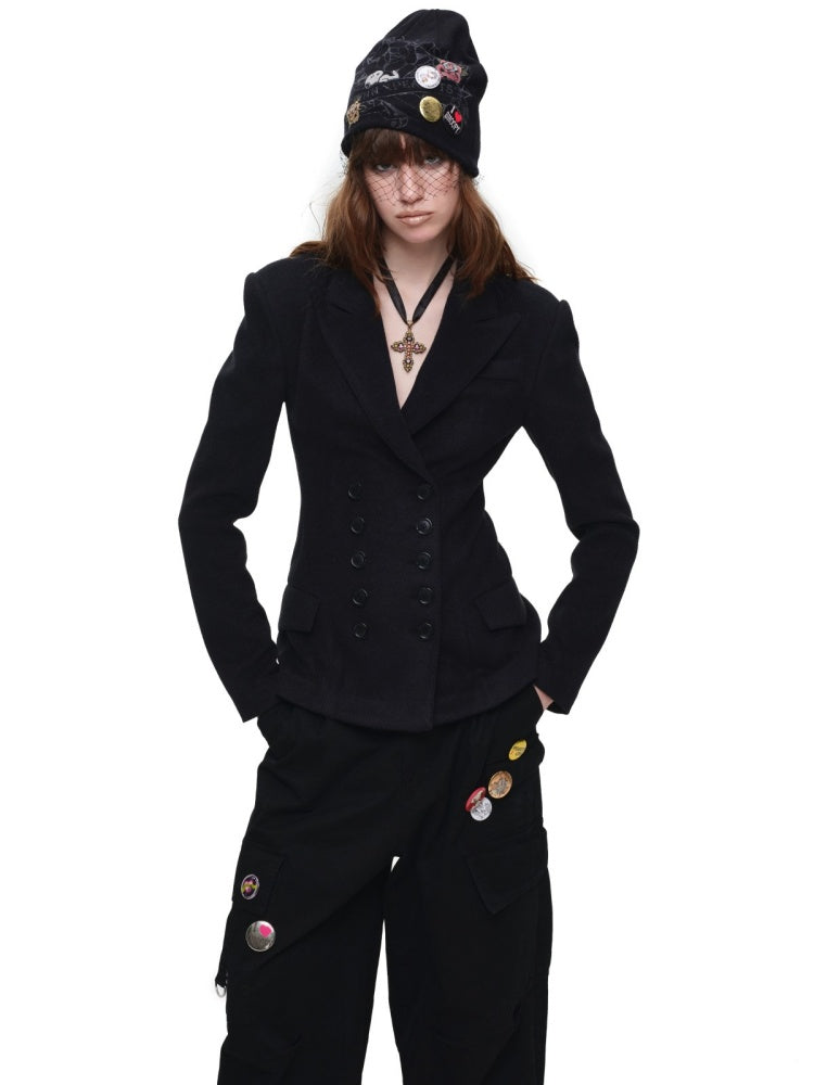 Vintage Double-Breasted Waist-Cinching Wool Blazer Mid-Length Black Hourglass Suit【s0000017827】