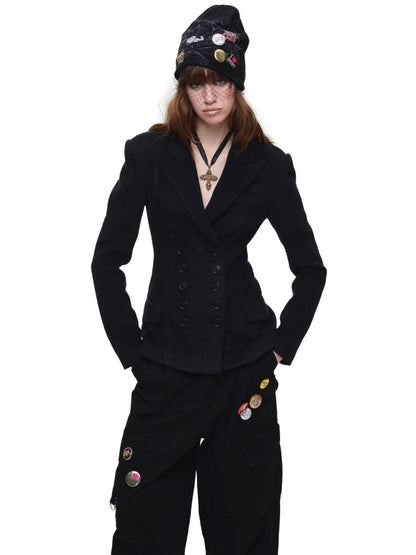 Vintage Double-Breasted Waist-Cinching Wool Blazer Mid-Length Black Hourglass Suit【s0000017827】