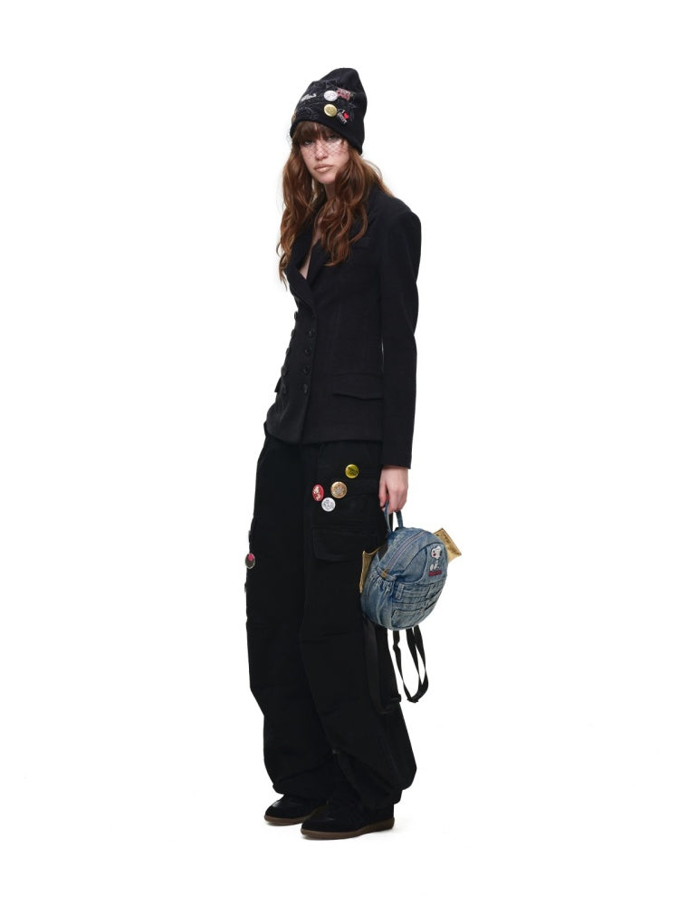 Vintage Double-Breasted Waist-Cinching Wool Blazer Mid-Length Black Hourglass Suit【s0000017827】