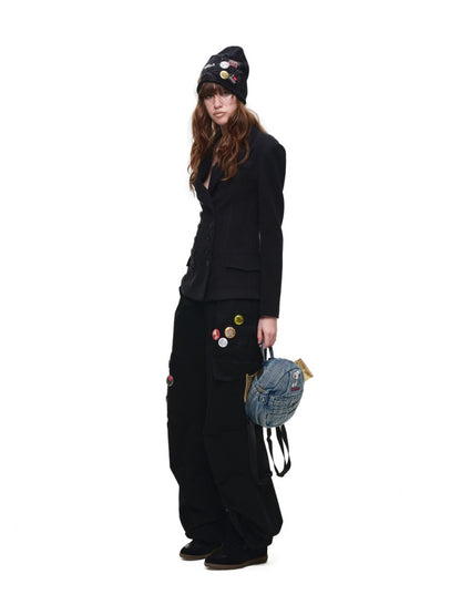 Vintage Double-Breasted Waist-Cinching Wool Blazer Mid-Length Black Hourglass Suit【s0000017827】