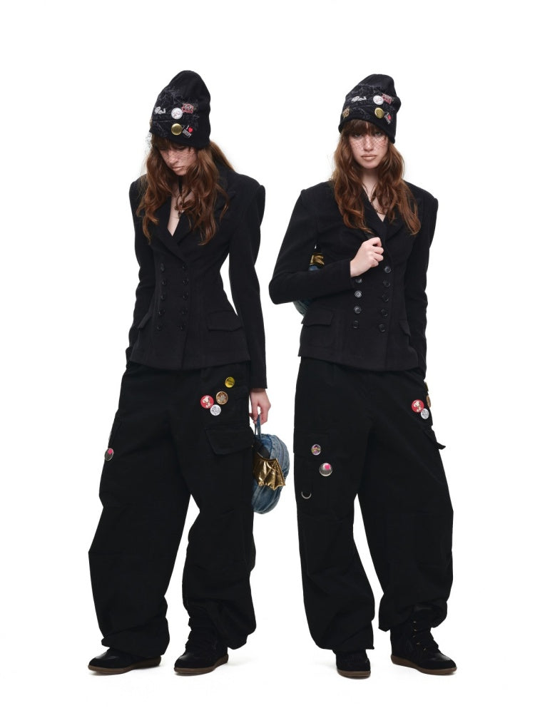 Vintage Double-Breasted Waist-Cinching Wool Blazer Mid-Length Black Hourglass Suit【s0000017827】