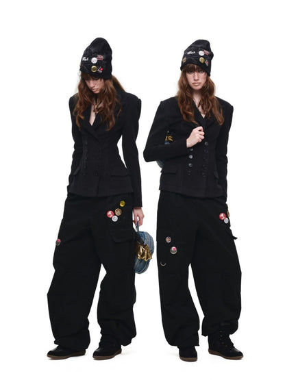 Vintage Double-Breasted Waist-Cinching Wool Blazer Mid-Length Black Hourglass Suit【s0000017827】