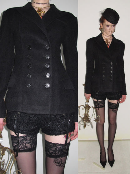 Vintage Double-Breasted Waist-Cinching Wool Blazer Mid-Length Black Hourglass Suit【s0000017827】