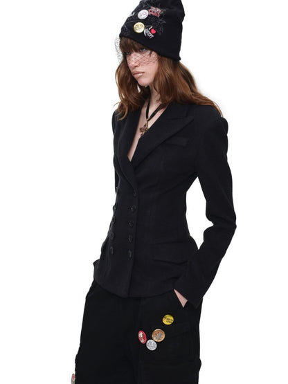 Vintage Double-Breasted Waist-Cinching Wool Blazer Mid-Length Black Hourglass Suit【s0000017827】