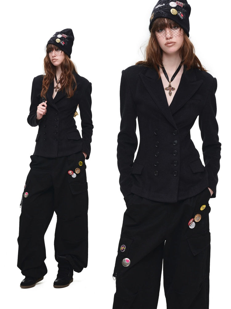 Vintage Double-Breasted Waist-Cinching Wool Blazer Mid-Length Black Hourglass Suit【s0000017827】