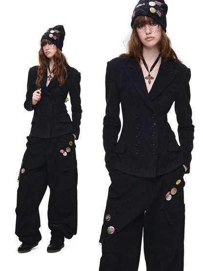 Vintage Double-Breasted Waist-Cinching Wool Blazer Mid-Length Black Hourglass Suit【s0000017827】