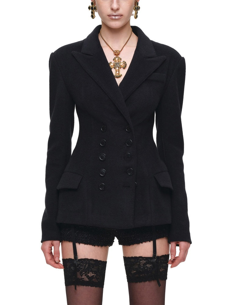 Vintage Double-Breasted Waist-Cinching Wool Blazer Mid-Length Black Hourglass Suit【s0000017827】