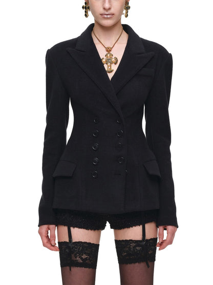 Vintage Double-Breasted Waist-Cinching Wool Blazer Mid-Length Black Hourglass Suit【s0000017827】