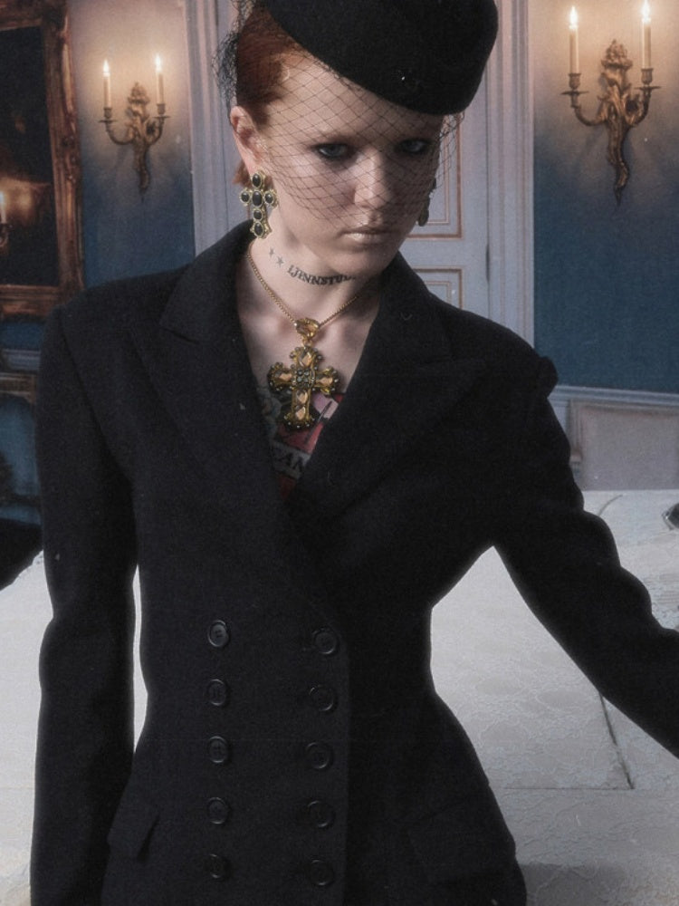 Vintage Double-Breasted Waist-Cinching Wool Blazer Mid-Length Black Hourglass Suit【s0000017827】