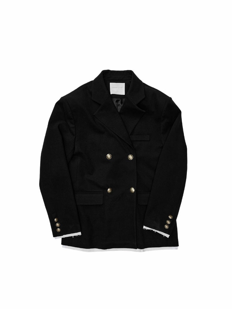 Loose Silhouette Faux Two-Piece Patchwork Vintage Color Block Wide-Shoulder Double-Breasted Blazer【s0000017828】