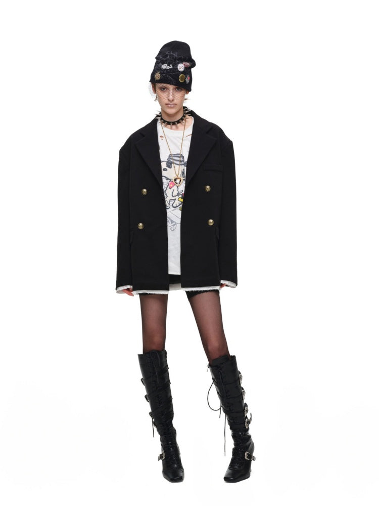 Loose Silhouette Faux Two-Piece Patchwork Vintage Color Block Wide-Shoulder Double-Breasted Blazer【s0000017828】