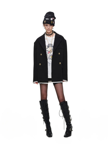 Loose Silhouette Faux Two-Piece Patchwork Vintage Color Block Wide-Shoulder Double-Breasted Blazer【s0000017828】