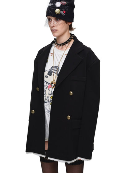 Loose Silhouette Faux Two-Piece Patchwork Vintage Color Block Wide-Shoulder Double-Breasted Blazer【s0000017828】