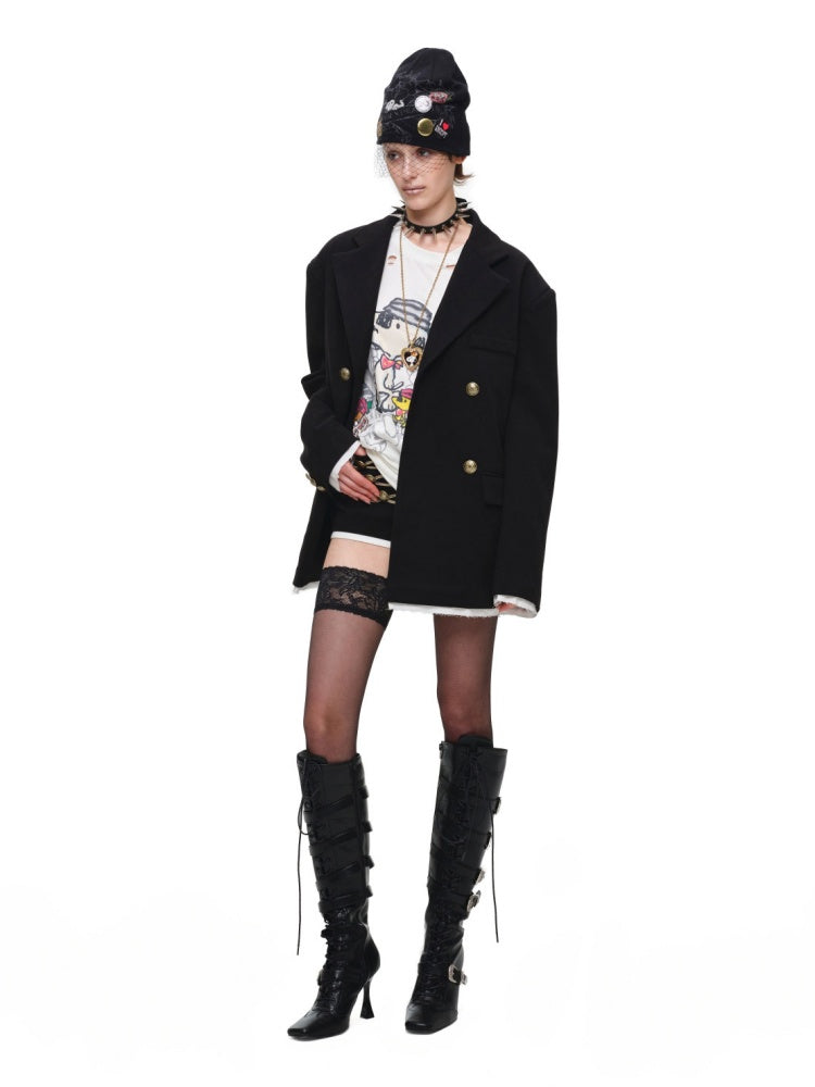 Loose Silhouette Faux Two-Piece Patchwork Vintage Color Block Wide-Shoulder Double-Breasted Blazer【s0000017828】