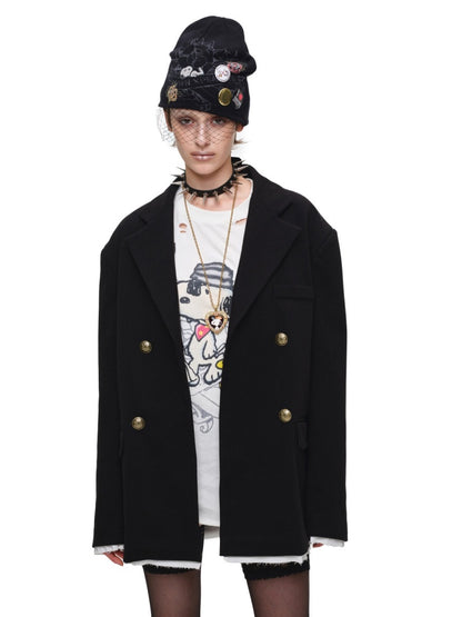 Loose Silhouette Faux Two-Piece Patchwork Vintage Color Block Wide-Shoulder Double-Breasted Blazer【s0000017828】