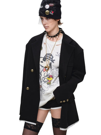 Loose Silhouette Faux Two-Piece Patchwork Vintage Color Block Wide-Shoulder Double-Breasted Blazer【s0000017828】