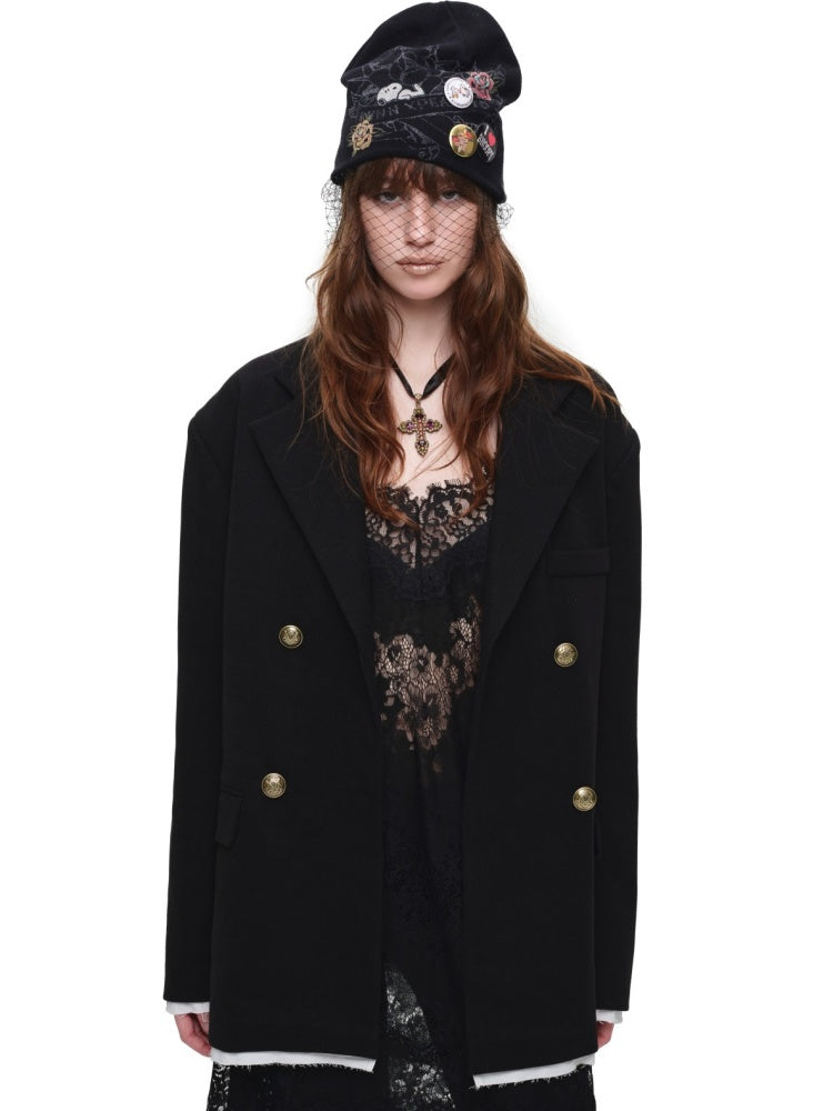 Loose Silhouette Faux Two-Piece Patchwork Vintage Color Block Wide-Shoulder Double-Breasted Blazer【s0000017828】
