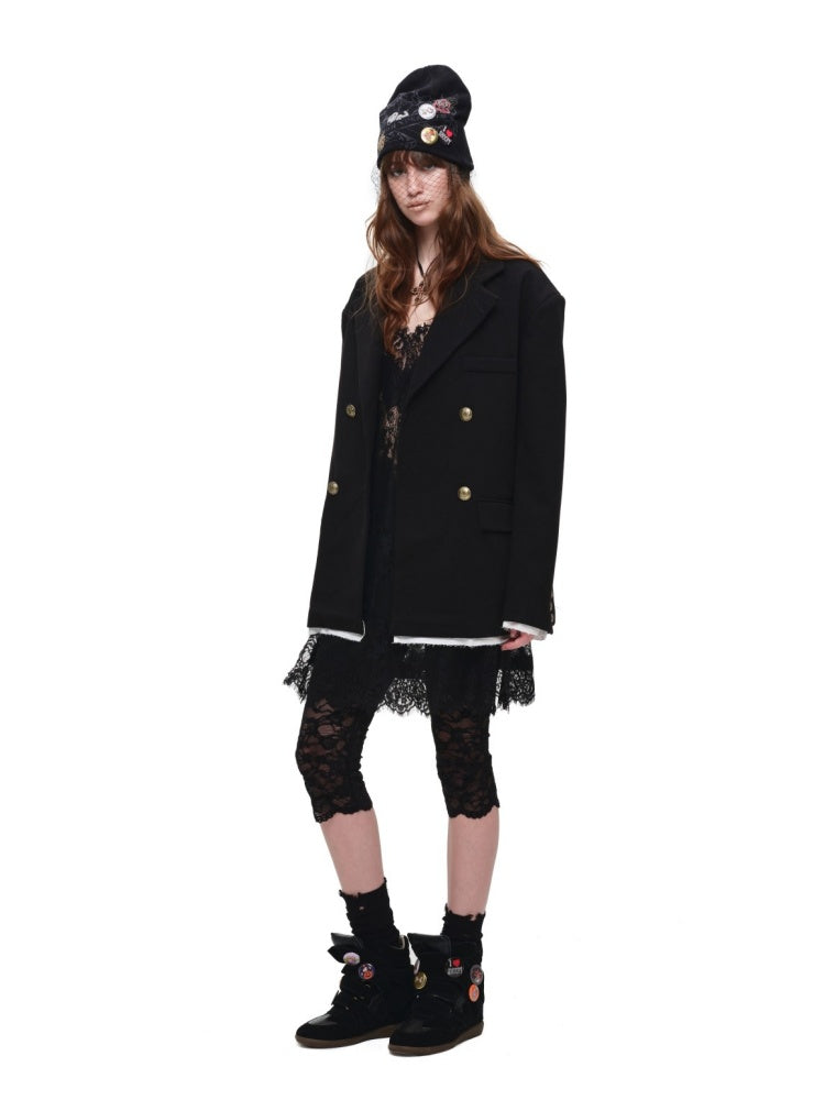 Loose Silhouette Faux Two-Piece Patchwork Vintage Color Block Wide-Shoulder Double-Breasted Blazer【s0000017828】