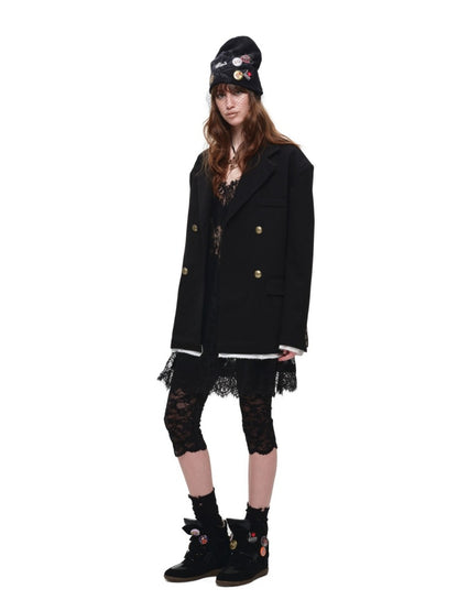 Loose Silhouette Faux Two-Piece Patchwork Vintage Color Block Wide-Shoulder Double-Breasted Blazer【s0000017828】