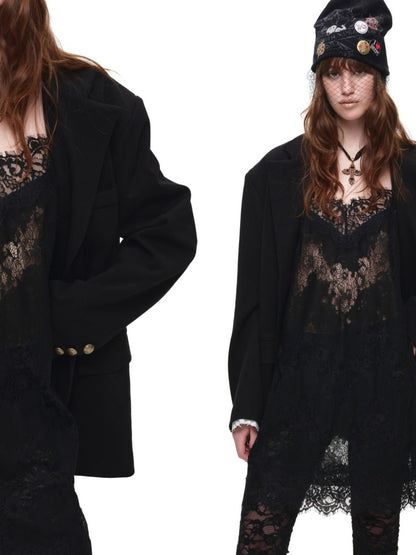 Loose Silhouette Faux Two-Piece Patchwork Vintage Color Block Wide-Shoulder Double-Breasted Blazer【s0000017828】