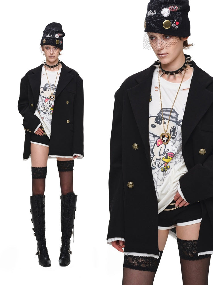 Loose Silhouette Faux Two-Piece Patchwork Vintage Color Block Wide-Shoulder Double-Breasted Blazer【s0000017828】