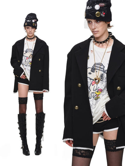 Loose Silhouette Faux Two-Piece Patchwork Vintage Color Block Wide-Shoulder Double-Breasted Blazer【s0000017828】