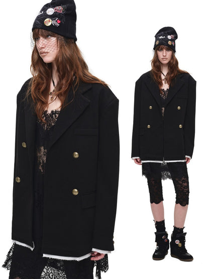 Loose Silhouette Faux Two-Piece Patchwork Vintage Color Block Wide-Shoulder Double-Breasted Blazer【s0000017828】