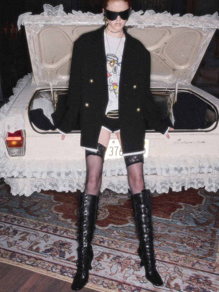 Loose Silhouette Faux Two-Piece Patchwork Vintage Color Block Wide-Shoulder Double-Breasted Blazer【s0000017828】