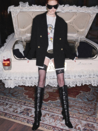 Loose Silhouette Faux Two-Piece Patchwork Vintage Color Block Wide-Shoulder Double-Breasted Blazer【s0000017828】