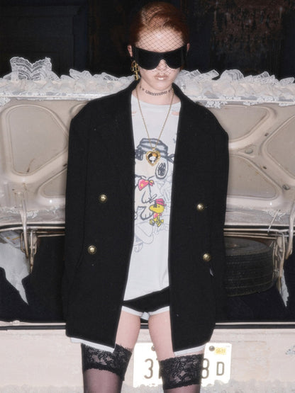 Loose Silhouette Faux Two-Piece Patchwork Vintage Color Block Wide-Shoulder Double-Breasted Blazer【s0000017828】