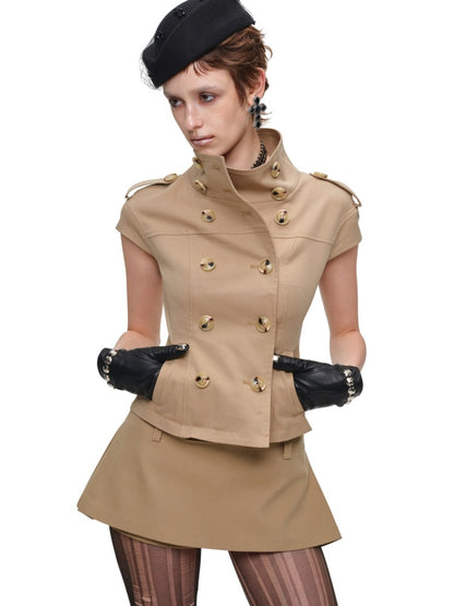 Stand-Up Collar Double-Breasted Waist-Cinching Slimming Small Fly Sleeve Trench Jacket【s0000017829】