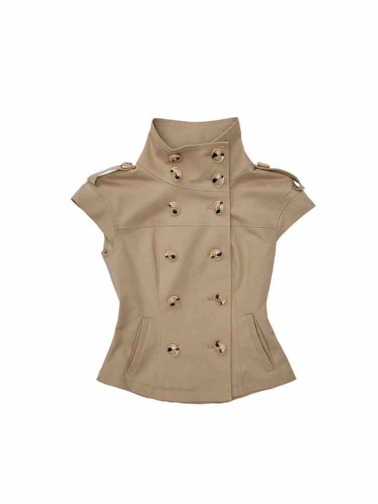 Stand-Up Collar Double-Breasted Waist-Cinching Slimming Small Fly Sleeve Trench Jacket【s0000017829】