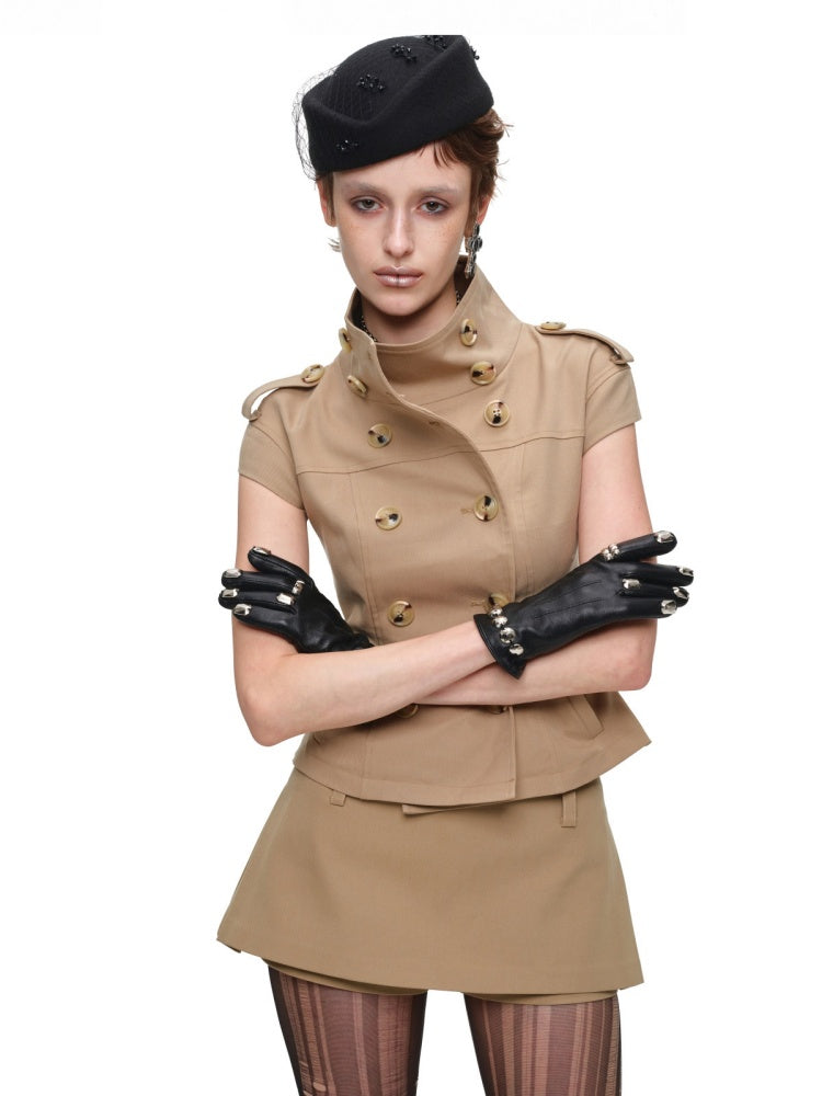 Stand-Up Collar Double-Breasted Waist-Cinching Slimming Small Fly Sleeve Trench Jacket【s0000017829】