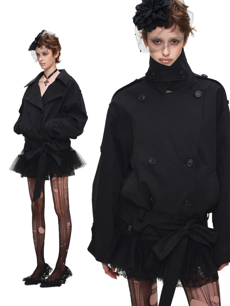 Stand Collar Curved Shoulder Silhouette Large Lapel Double-Breasted Mid-Short Tie-waisted Trench Coat【s0000017830】
