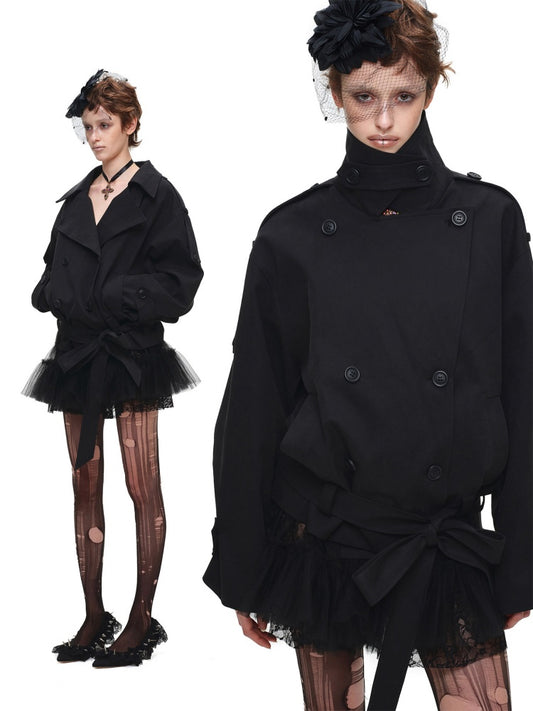 Stand Collar Curved Shoulder Silhouette Large Lapel Double-Breasted Mid-Short Tie-waisted Trench Coat【s0000017830】