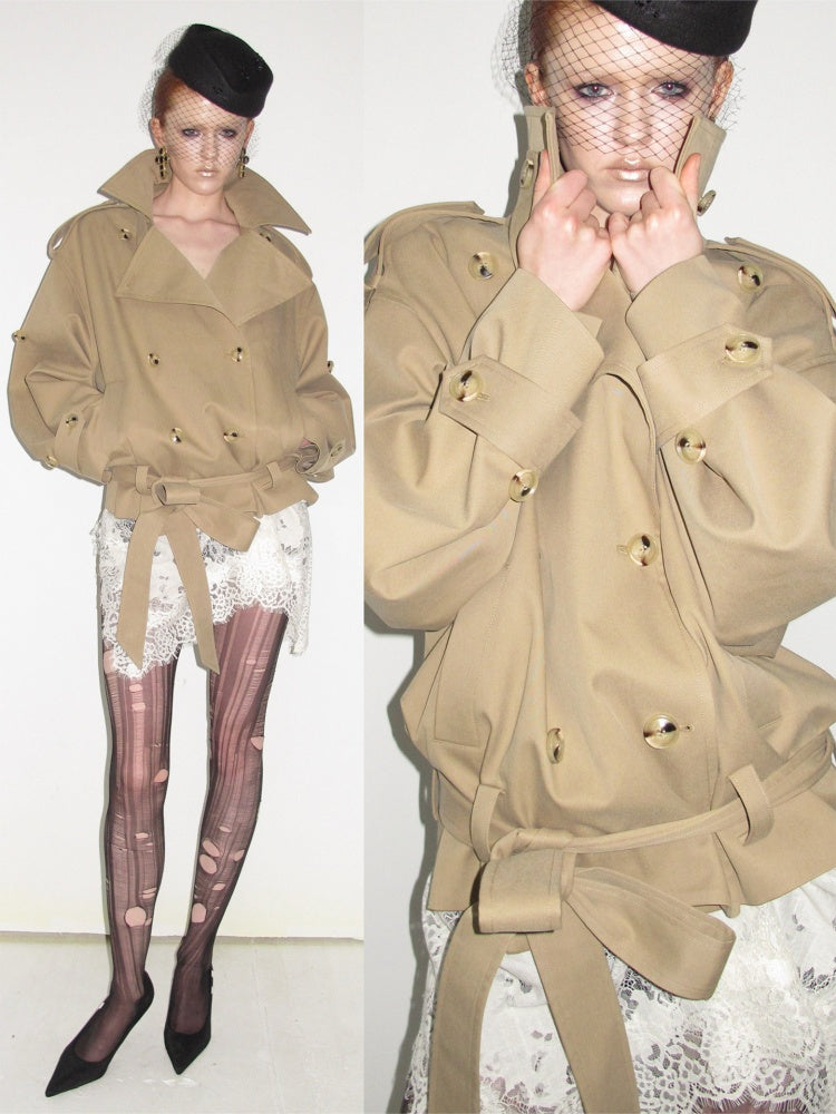 Stand Collar Curved Shoulder Silhouette Large Lapel Double-Breasted Mid-Short Tie-waisted Trench Coat【s0000017830】