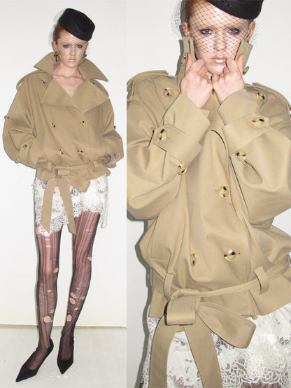 Stand Collar Curved Shoulder Silhouette Large Lapel Double-Breasted Mid-Short Tie-waisted Trench Coat【s0000017830】