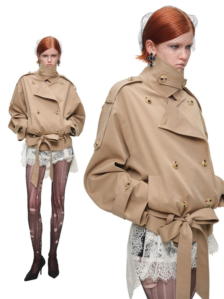 Stand Collar Curved Shoulder Silhouette Large Lapel Double-Breasted Mid-Short Tie-waisted Trench Coat【s0000017830】