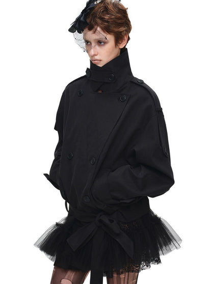 Stand Collar Curved Shoulder Silhouette Large Lapel Double-Breasted Mid-Short Tie-waisted Trench Coat【s0000017830】